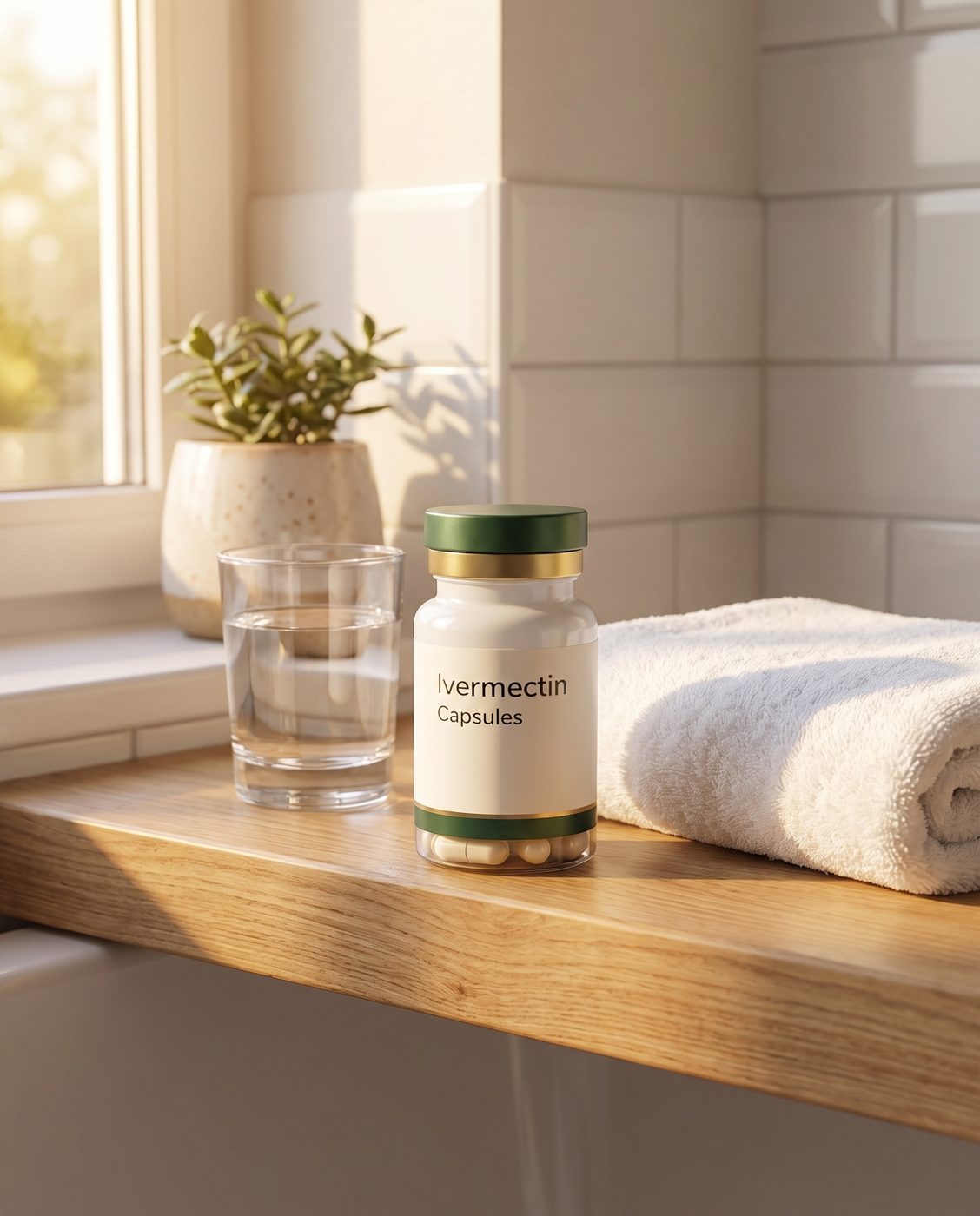 Ivermectin bottle on a bathroom shelf