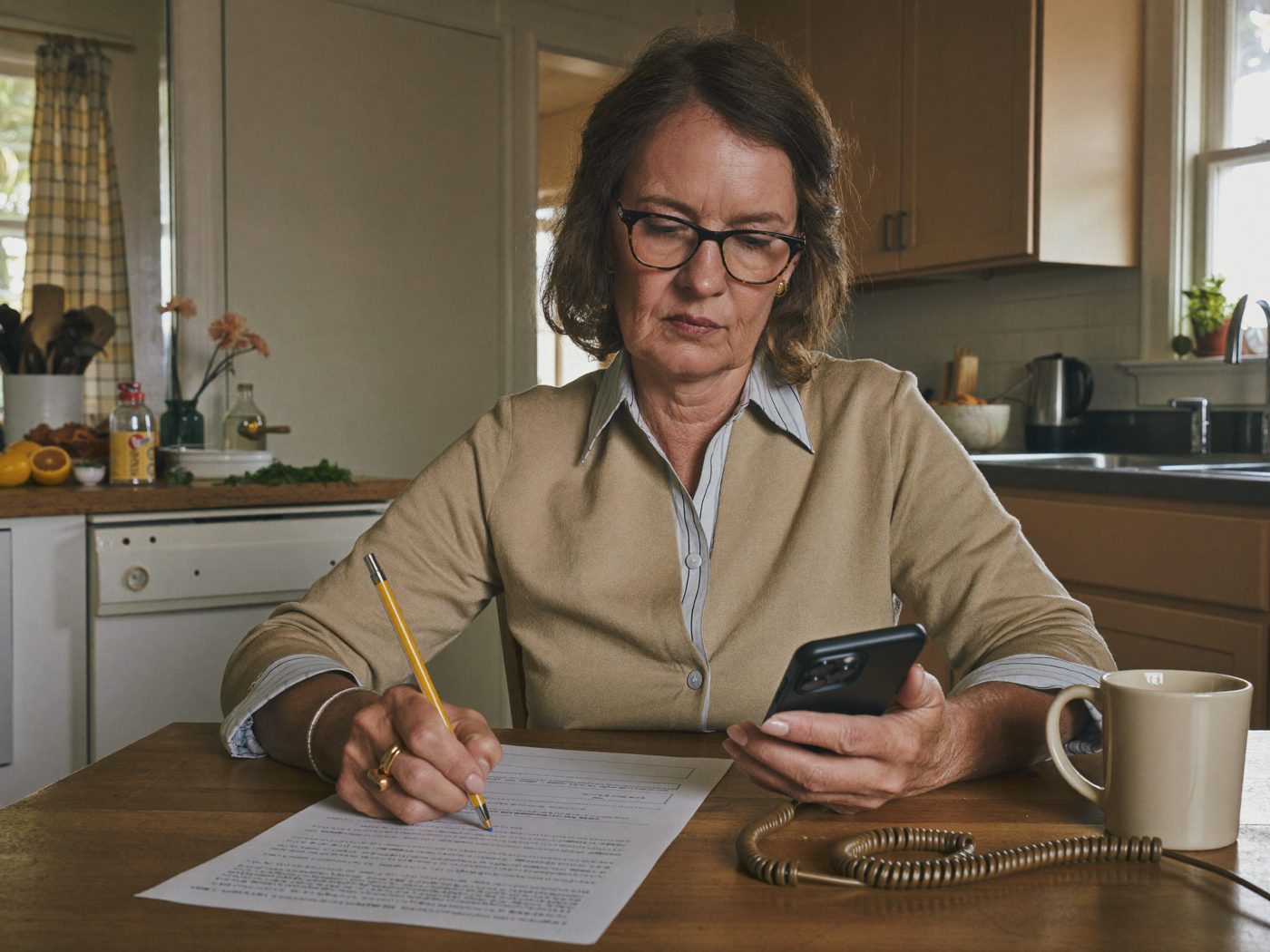 Illustrative: a woman filling out the intake on her phone at her kitchen table