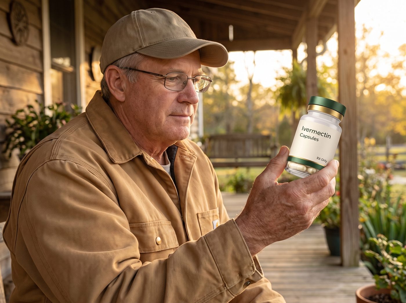 Illustrative: a man reading the label on his bottle