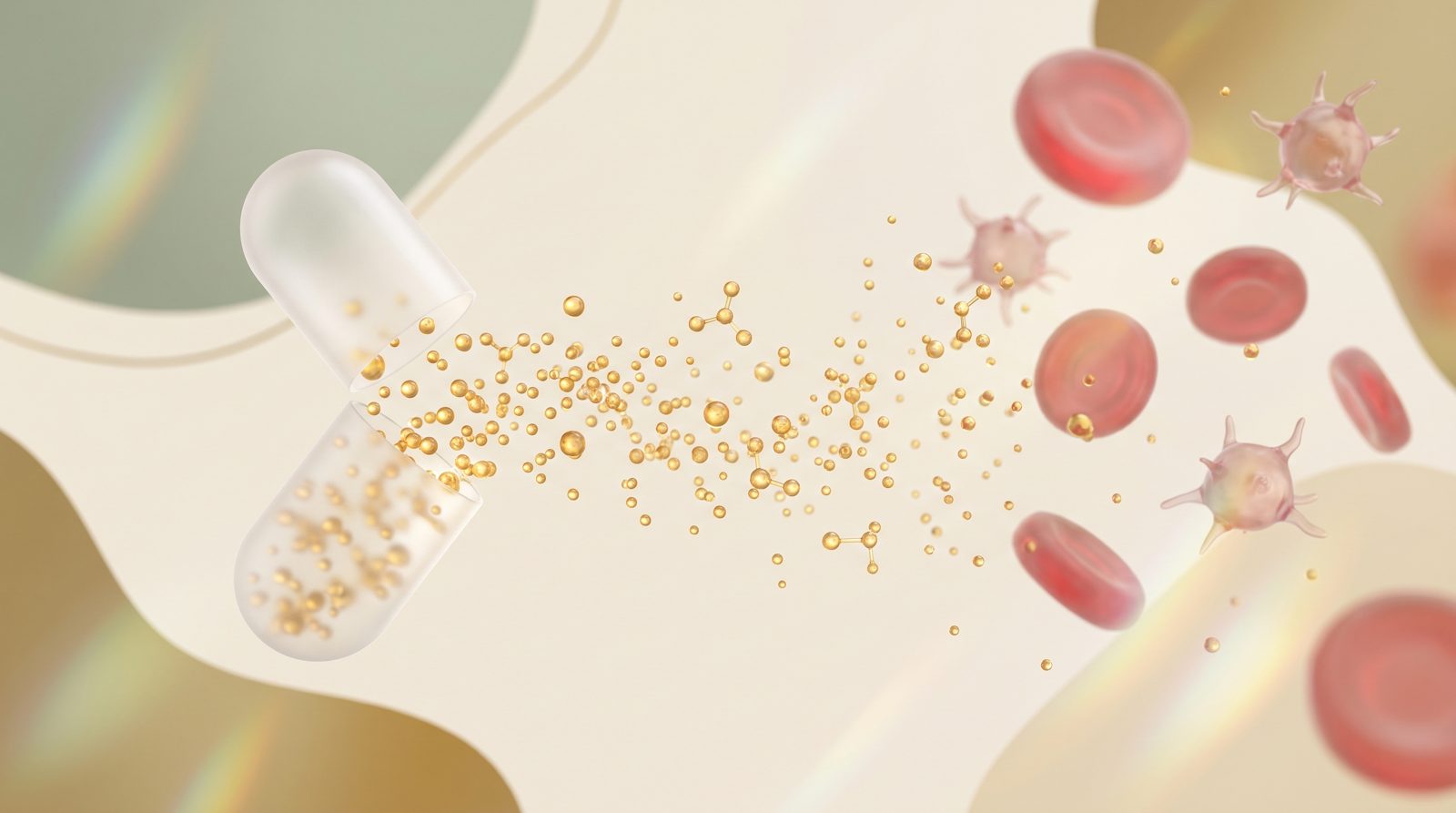 Illustration: the capsule dissolves and the molecule enters the bloodstream
